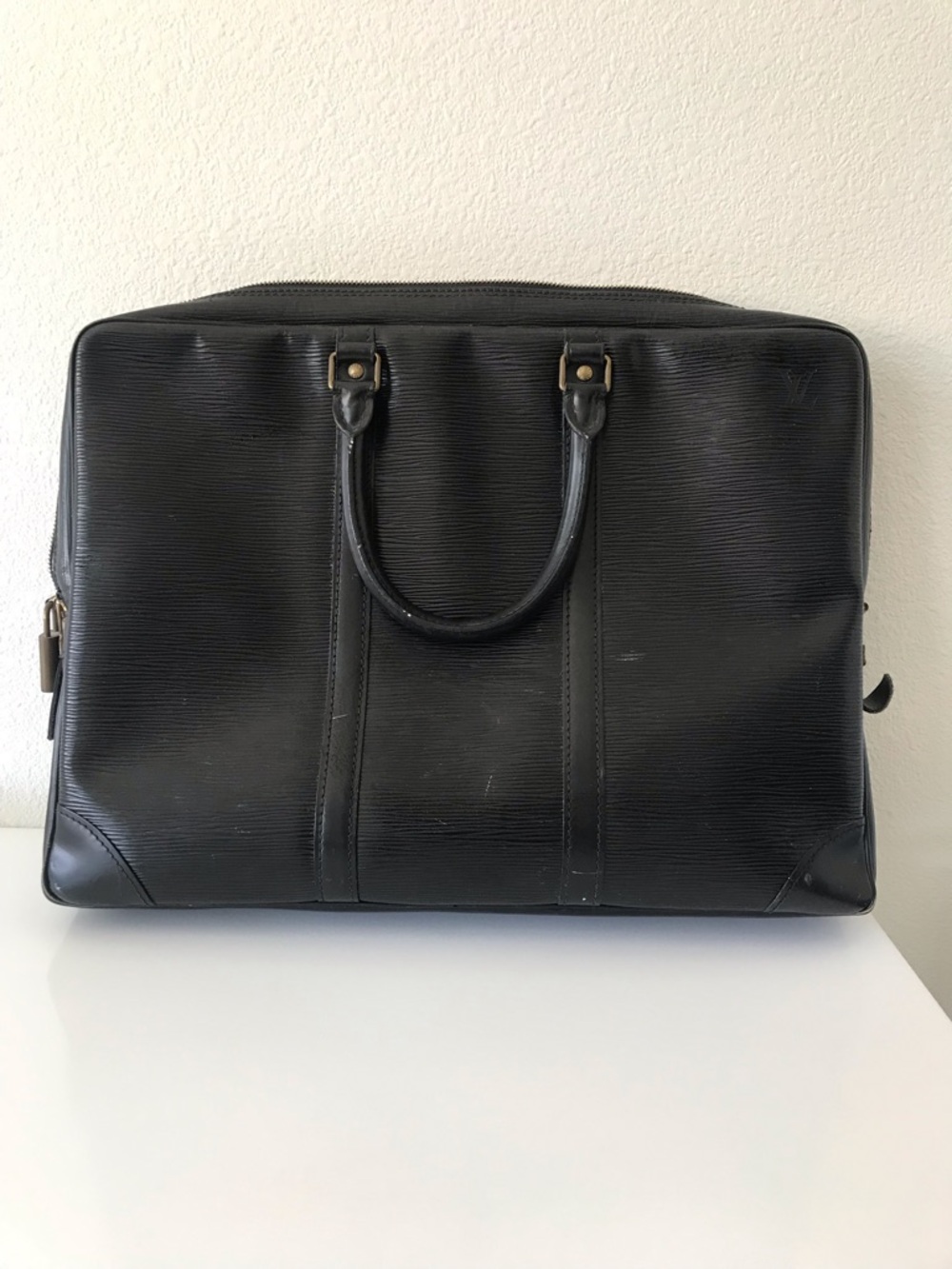 Louis Vuitton Black Epi Leather Briefcase with Brass Hardware